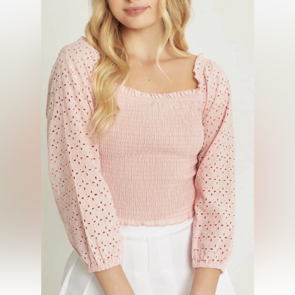 Pink Eyelet Puff Sleeve Crop Top Smocked Stretch blouse Cottagecore Summer Sz L
